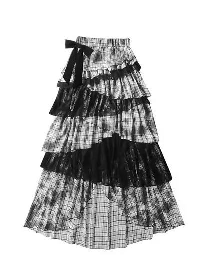Black Punk Asymmetrical Tiered Plaid Skirt Regular/Long Version
