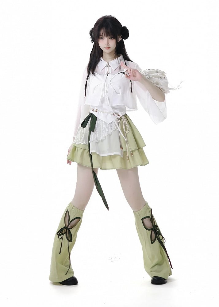 Green Cheongsam Style Elastic Waist Tiered Skirt with Waist Belt