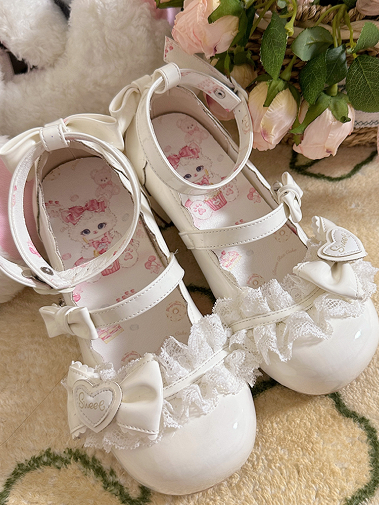White Bow Accents Lace Trim Sweet Lolita Block Heel Mary Janes