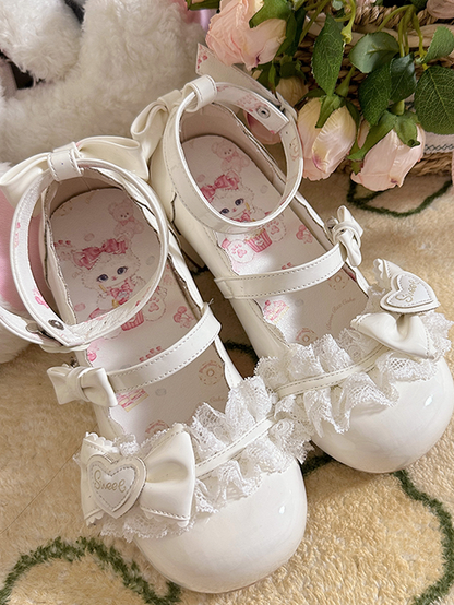 White Bow Accents Lace Trim Sweet Lolita Block Heel Mary Janes