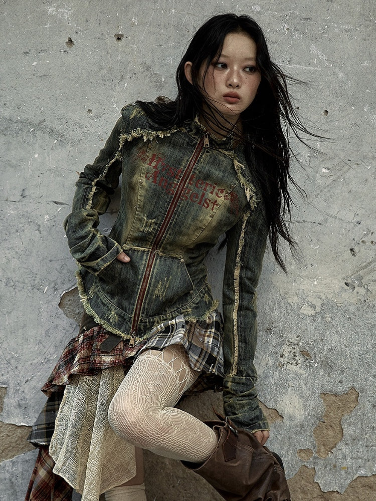 Blue Cross Patch Rock Punk Distressed Denim Jacket with Zip Cuffs