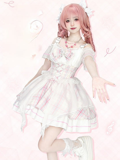 Pink Plaid Off-the-shoulder Neckline Sweet Idol Lolita Jumper Skirt with Free Bowtie