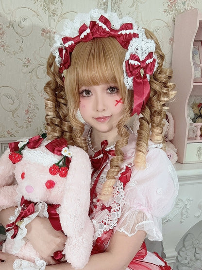 White&Red Heart Decorated Striped Pattern Bowknot Details Lace Trim KC