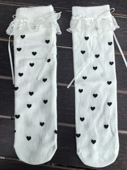 Black/White/Yellow/Gray Heart Print Bowknot Details Lace Ruffled Cuffs Calf Socks