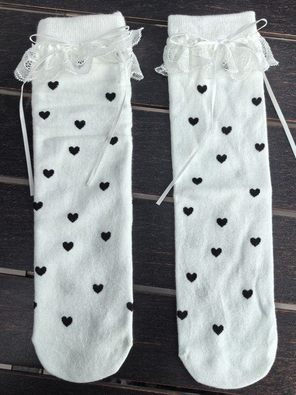 Black/White/Yellow/Gray Heart Print Bowknot Details Lace Ruffled Cuffs Calf Socks