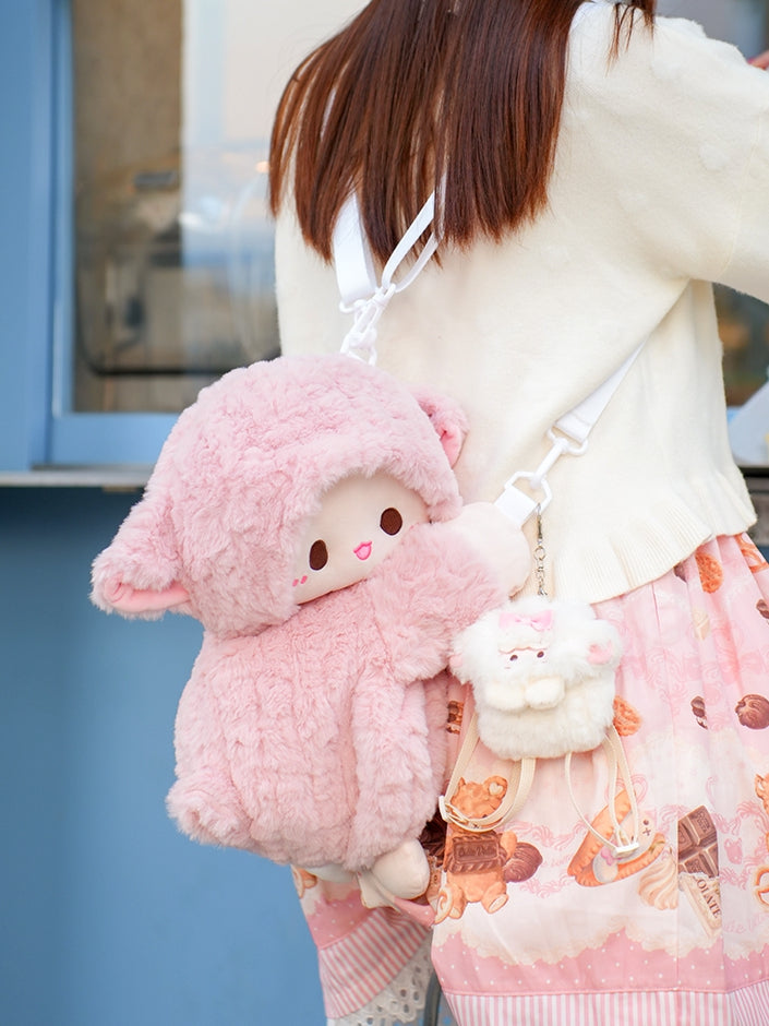 Cute Little Lamb Pink Plush Backpack/Crossbody Bag + Keychain