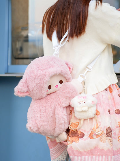 Cute Little Lamb Pink Plush Backpack/Crossbody Bag + Keychain