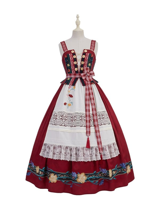 Red Cottagecore Floral Print Dress Country Lolita JSK with Detachable Apron