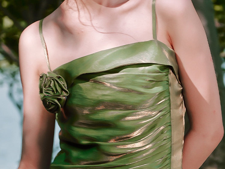 Green Floral Mermaid Skirt Flounce Hem Summer Cami Dress