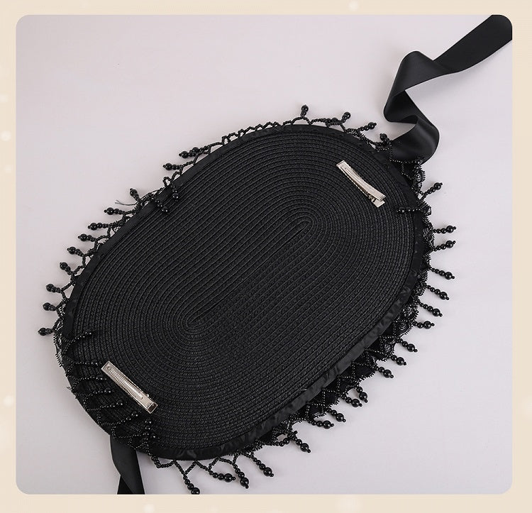 Rosette Design Gothic Black Beads Tassels Halloween Hat