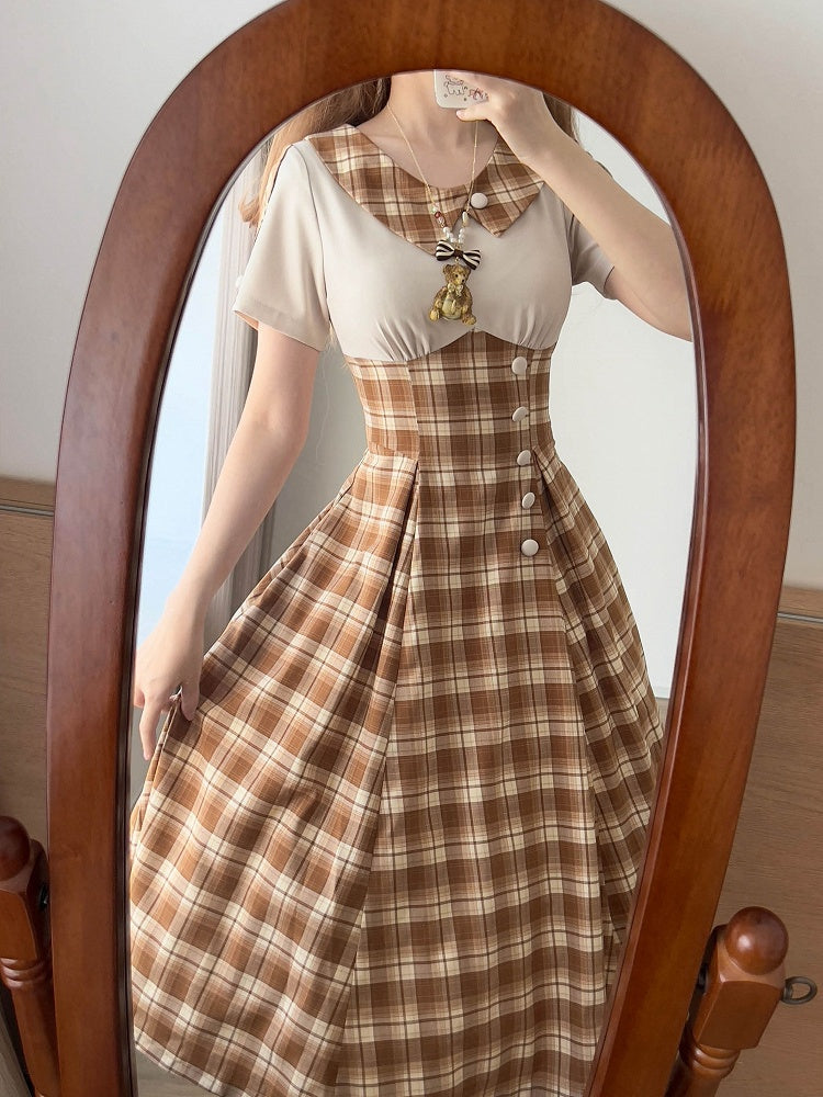 Light Brown Asymmetrical Collar Retro Fashion Short Sleeves Slimming Plaid Dress