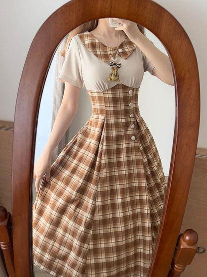 Light Brown Asymmetrical Collar Retro Fashion Short Sleeves Slimming Plaid Dress