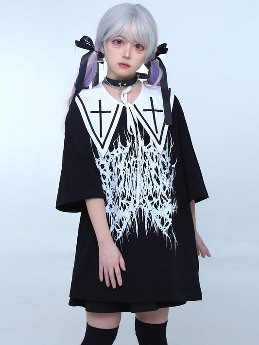 White Jirai Kei Cross Print Detachable Collar