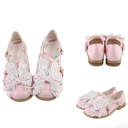 Pink&White Crisscross Design Bunny Ear Polka-dot Pattern Bow at Top Lolita Shoes