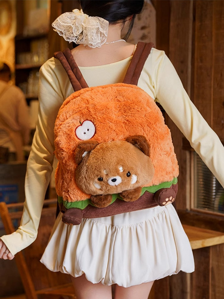 Brown&Orange Apple Design Cute Plush Hamburger Red Panda Backpack Middle/Large Size