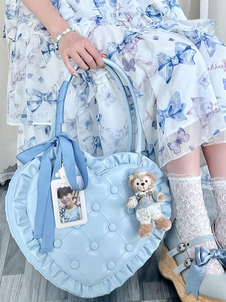 Lolita Heart-Shaped Blue Handbag with Diamond Quilting and Frilly Ruffle Edges