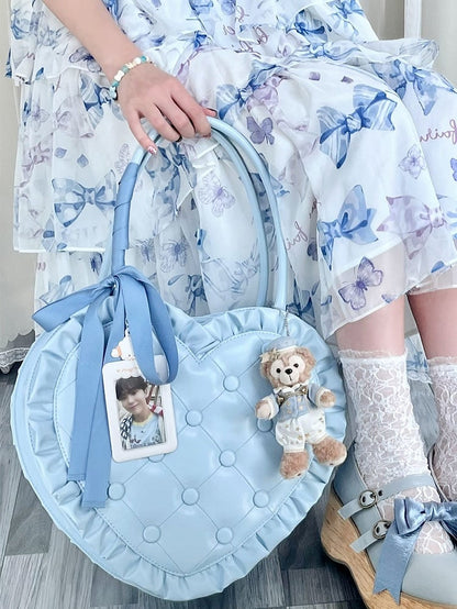 Lolita Heart-Shaped Blue Handbag with Diamond Quilting and Frilly Ruffle Edges