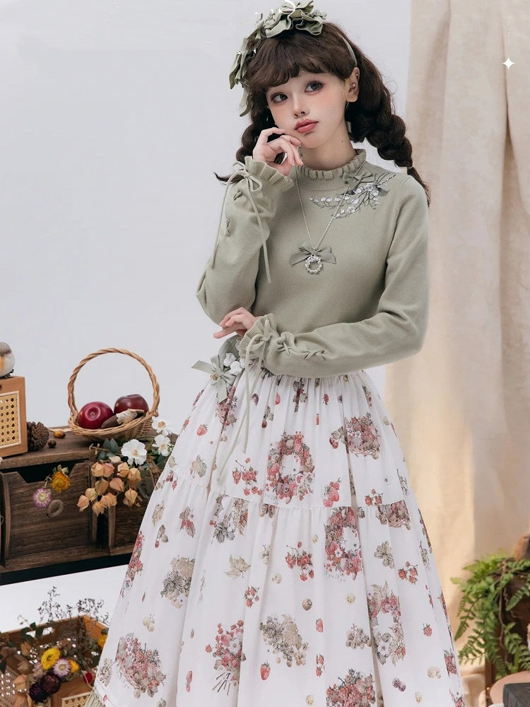 Green Lily of the Valley Embroidery Lace-up Cuffs Autumn Knit Top