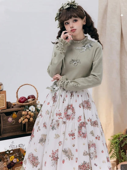 Green Lily of the Valley Embroidery Lace-up Cuffs Autumn Knit Top
