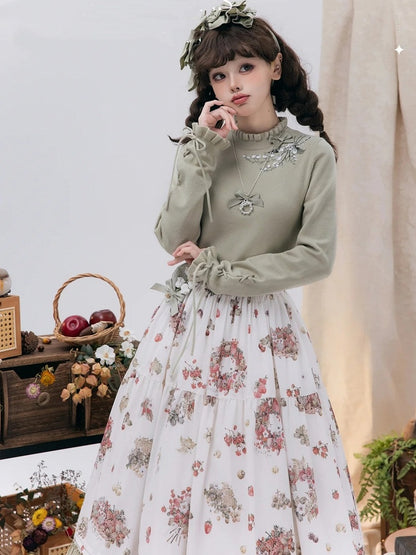 Green Lily of the Valley Embroidery Lace-up Cuffs Autumn Knit Top