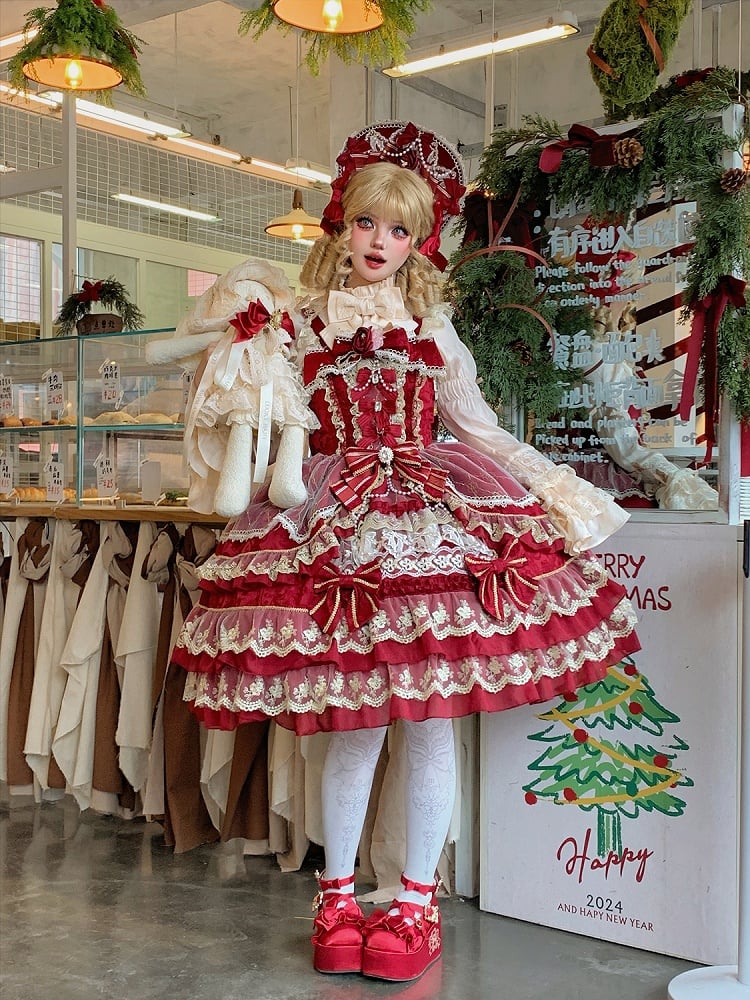 Red Flower Bead Chain Bow Neckline Gorgeous Princess Lolita Dress