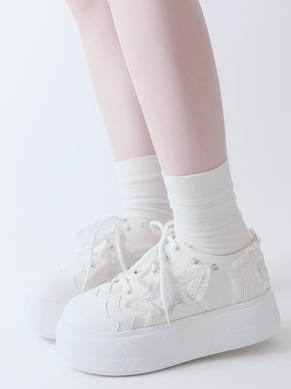 White Y2K Star Applique Platform Sneakers