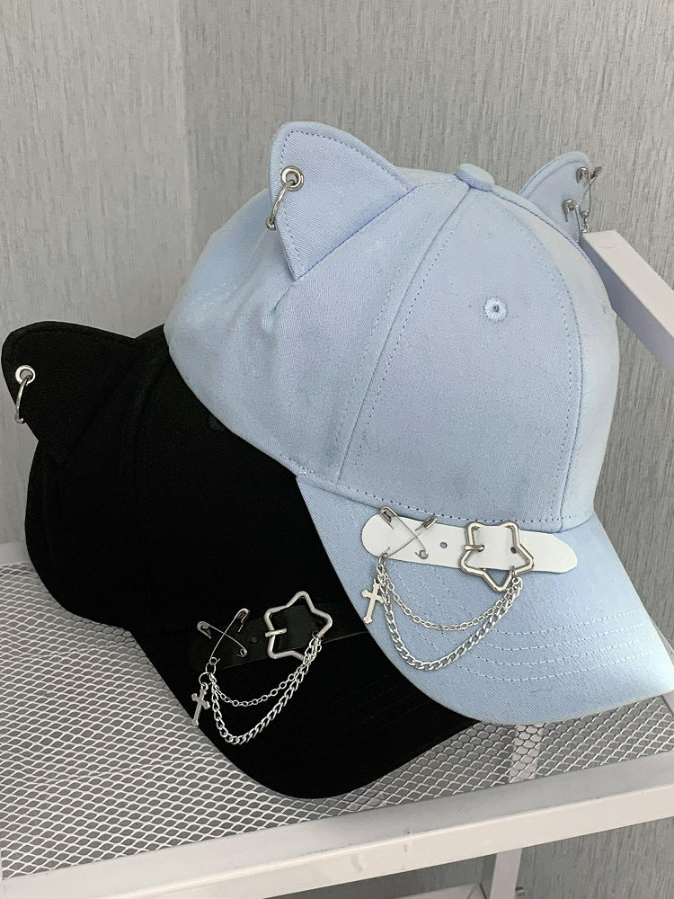 Blue/Black/Yellow Cross Charm Pin Decorated Star Buckle Kitty Ear Cap