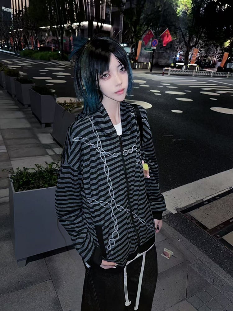 Black & Gray Stripes Zip-up Hooded Jacket for Autumn with Cross Chain Print