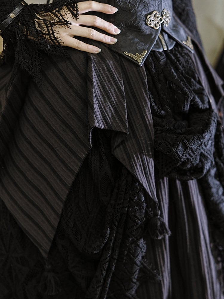 Gothic Black Lace Overlay Striped Skirt And Handkerchief Hem Train Set