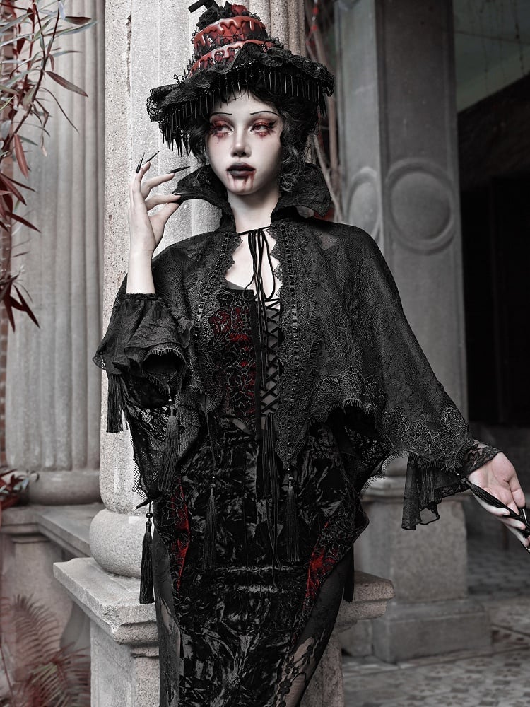 Black Goth Vampire Stand Collar Lace Shawl Cape Tassels Hem