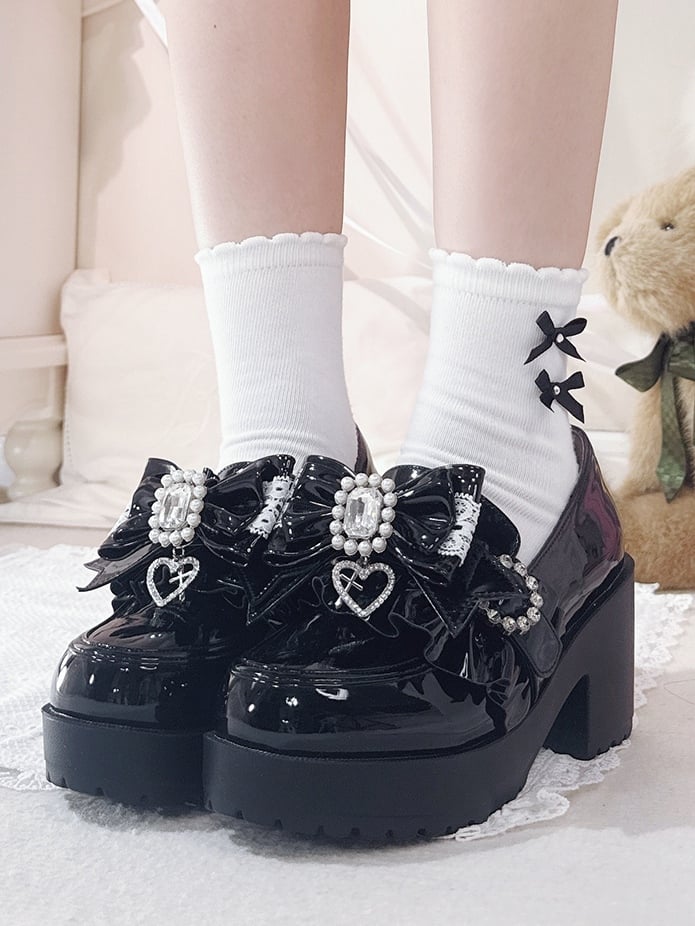 Polished Black Jirai Kei 7.5cm Loafers - Rhinestone And Beads Decor Detachable Bow with Ruffle Trim & Slip-On Design
