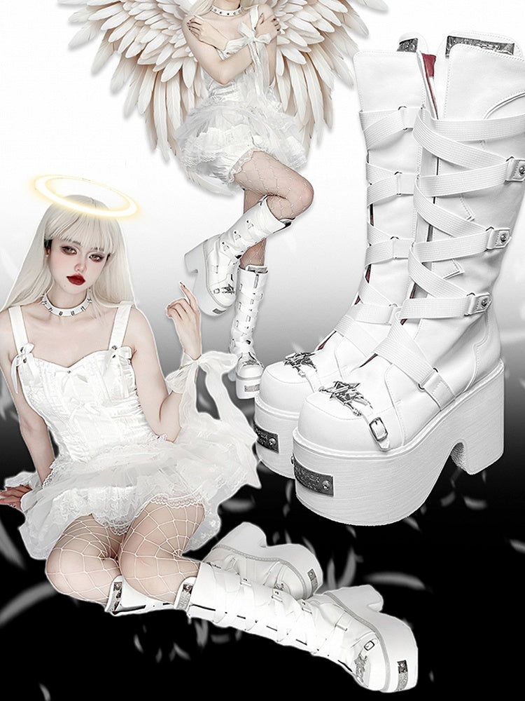 White Crisscross Design Buckle Strap Platform Block Heel Boots
