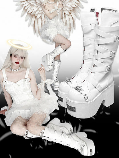 White Crisscross Design Buckle Strap Platform Block Heel Boots