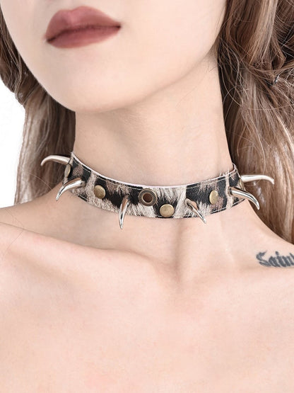 Light Brown Punk Studs Leopard Choker