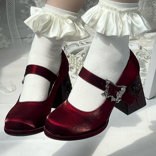 Butterfly Buckle Wine Red 7cm Floral High Block Heel Hime Lolita Mary Janes