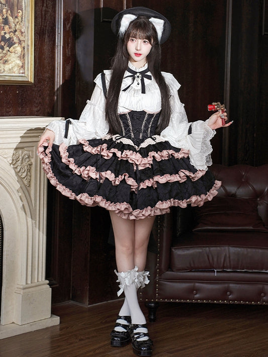 Black and Pink Boned Corset Waist Ruffle Skirt Lolita Dress with Large Bow Back