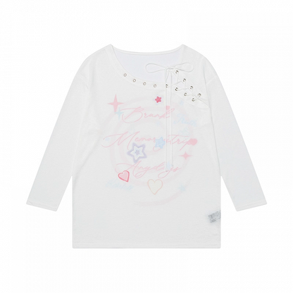 Lace-up Neckline Star Print Blue/White Semi-sheer Coverup