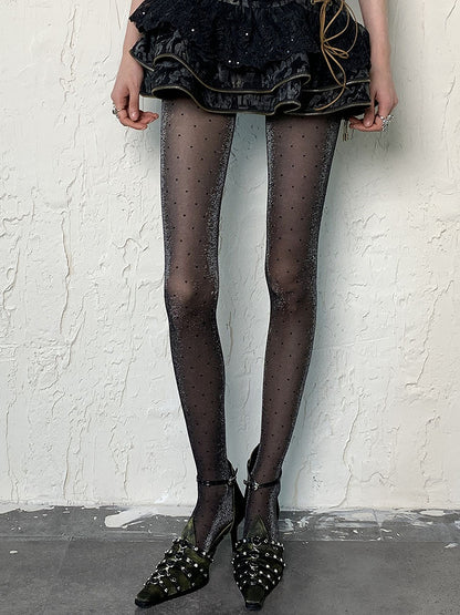 Black Y2K Polka-dot Pattern Shimmering Tights