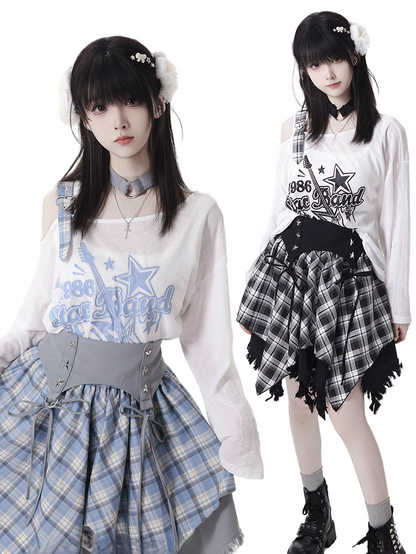 Blue/Black Guitar Print Asymmetrical Neckline Coverup with Free Choker