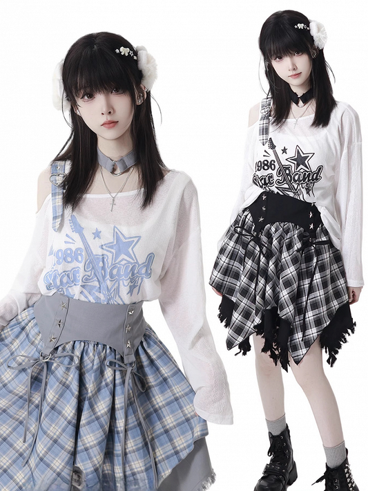 Blue/Black Guitar Print Asymmetrical Neckline Coverup with Free Choker