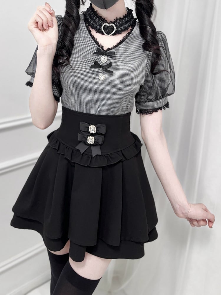 Black Jirai Kei Corset Waist Double-Layered Skirt with Detachable Bowknots