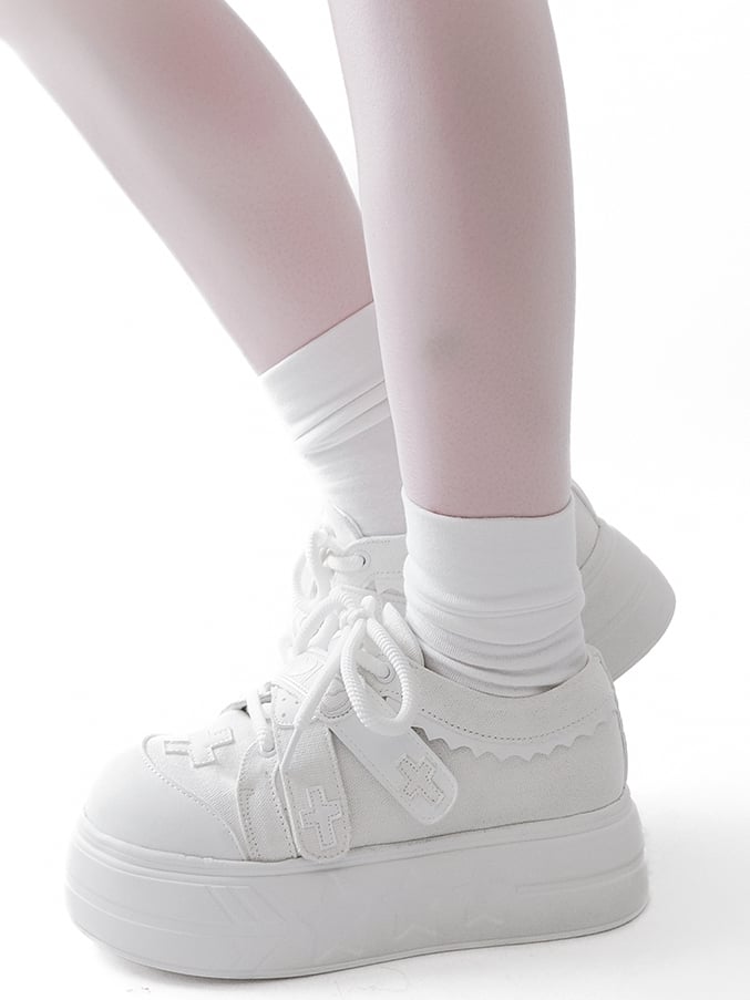 White Yami Kawaii Cross Applique Crisscross Velcro Strap Closures Platform Sneakers