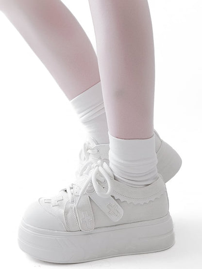 White Yami Kawaii Cross Applique Crisscross Velcro Strap Closures Platform Sneakers