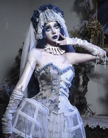 Half White Half Dusty Blue Corpse Bride Floral Embroidery Goth Boned Corset Top