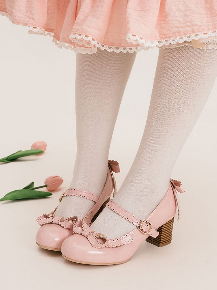 Pink Heart Decorated Bow at Top Mary Janes