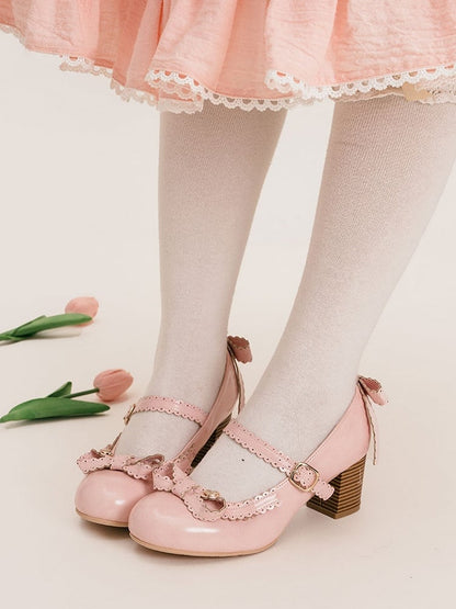 Pink Heart Decorated Bow at Top Mary Janes