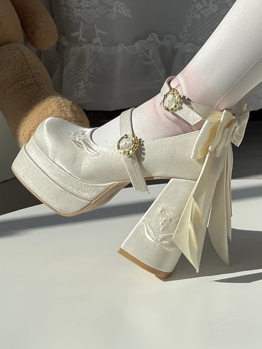 White Satin Detachable Bowknot Lily of the Valley Embroidery High Block Heel Platform Mary Janes