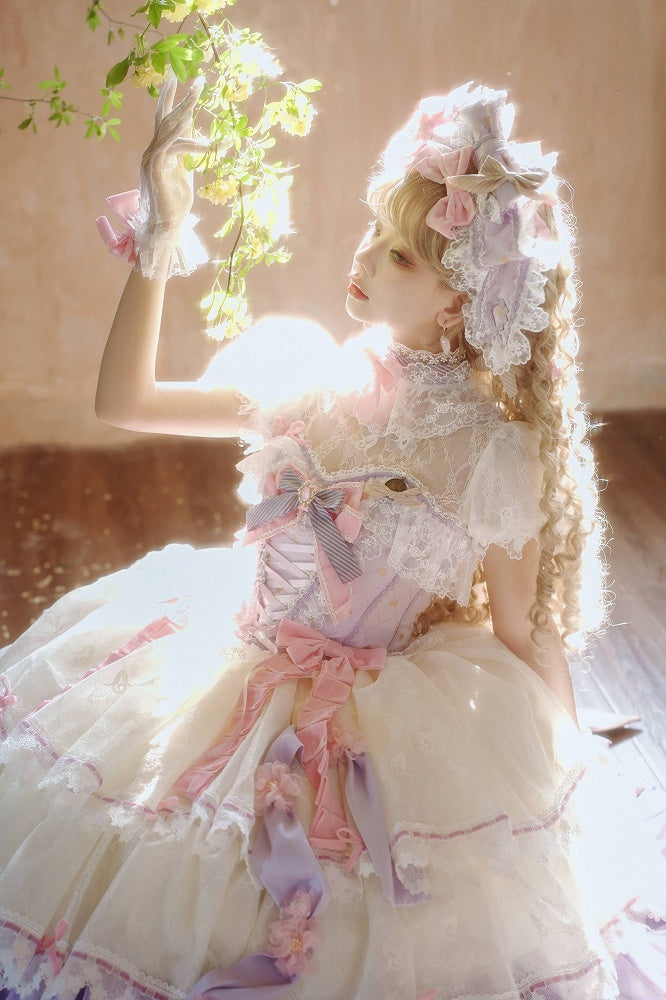 Purple and Pink Boned Corset Top + Tiered Skirt Gorgeous Hime Lolita Full Set