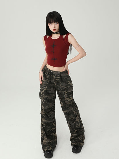 Gothic Wine Red Cross Print Backless Glamorous Cropped Sleeveless Top