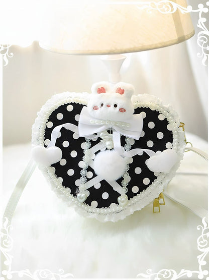 Black Polka-dot Pattern Beaded Decorated Plush Bunny Design Heart-shaped Crossbody Bag With Pompon